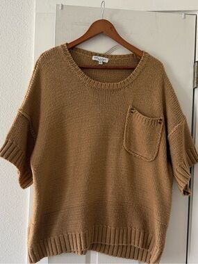 The Rage Clothing Co Camel Knit Sweater Top Short Sleeve Pocket Oversized Large